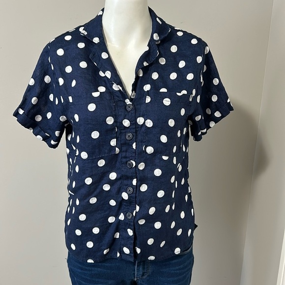 Anthropologie Maeve Polka Dot Printed Buttondown Surf Shirt Navy White Sz XS - Picture 3 of 13